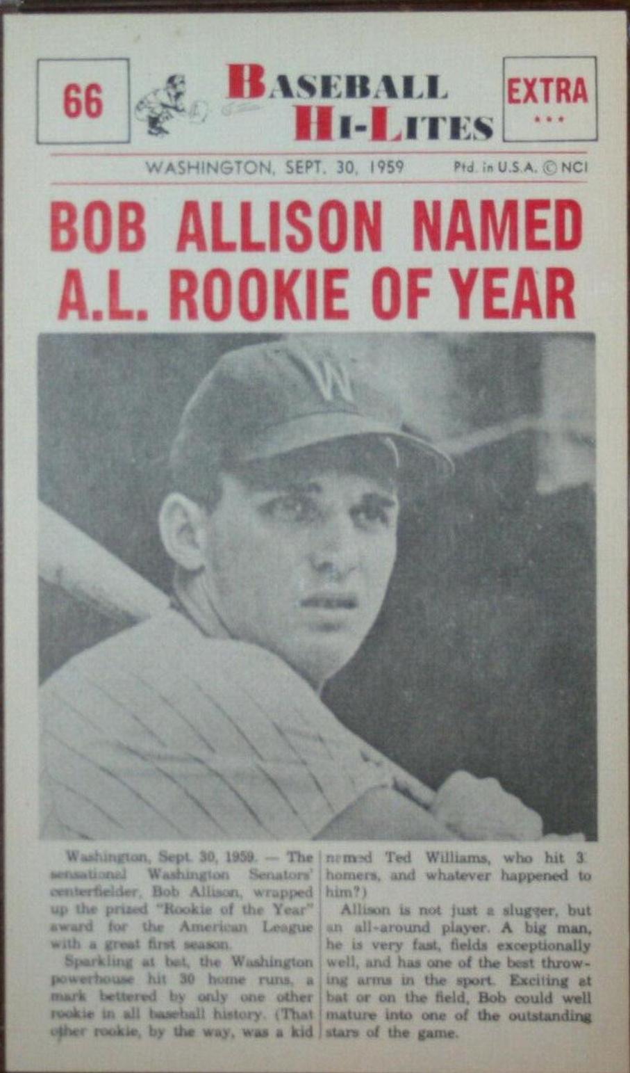 Bob Allison Named #66 1960 Nu Card Baseball Hi Lites