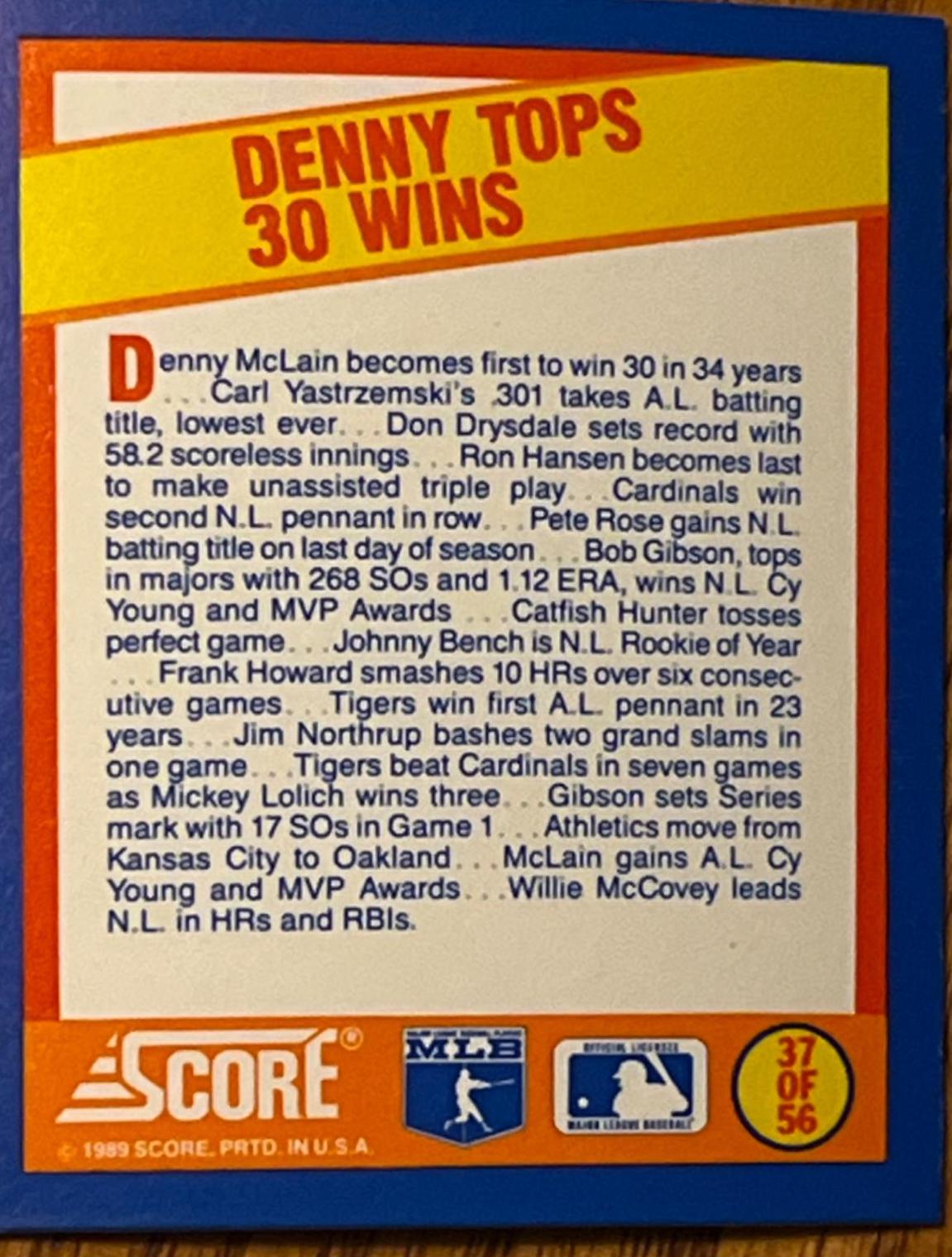 Denny Tops 30 Wins #37 Baseball Cards 1989 Score Magic Motion Trivia A Year to Remember