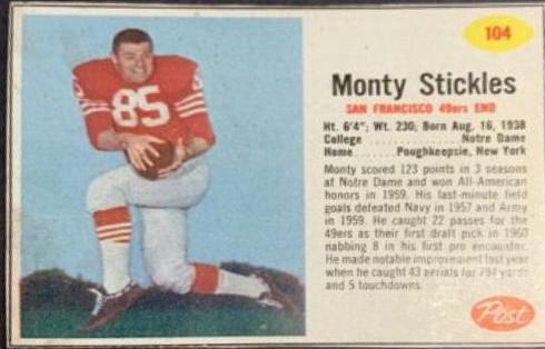 Monty Stickles #104 Football Cards 1962 Post Cereal