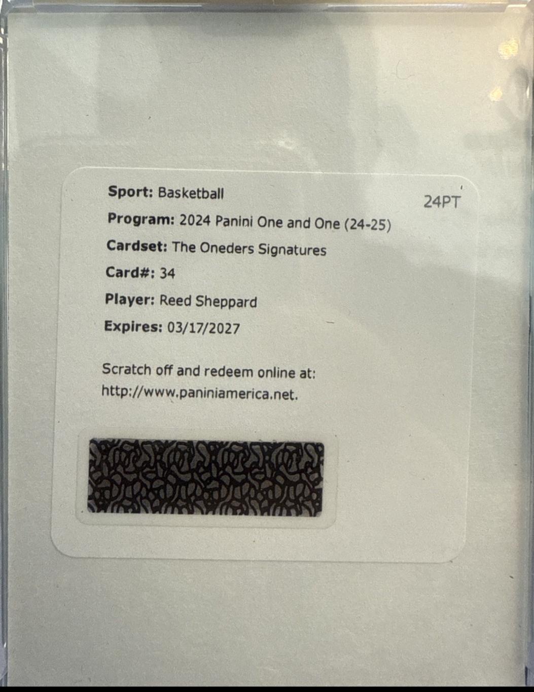 Reed Sheppard #34 2024 Panini One And One The Oneders Signature Basketball