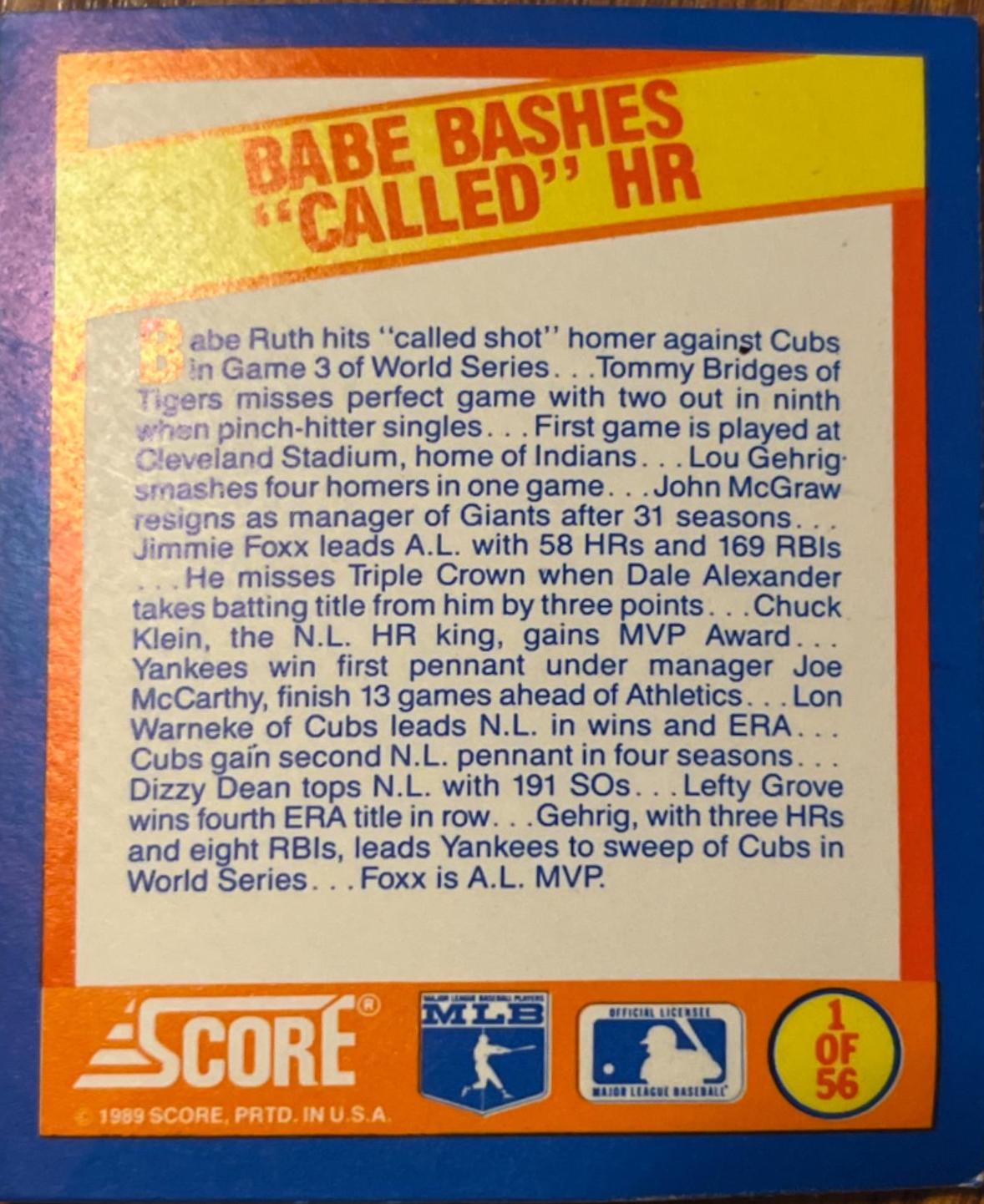 Babe Bashes Called HR #1 Baseball Cards 1989 Score Magic Motion Trivia A Year to Remember