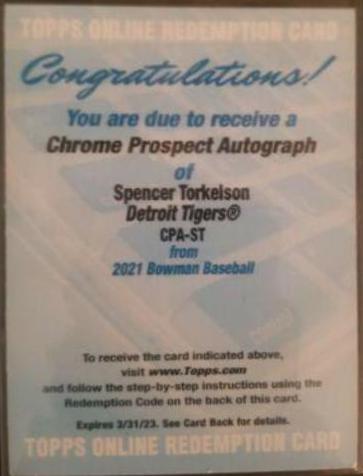 Spencer Torkelson #CPA-ST Baseball Cards 2021 Bowman Chrome Prospect Autographs