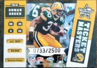 Brett Favre, Ahman Green #TM-10 Football Cards 2002 Leaf Rookies & Stars Ticket Masters