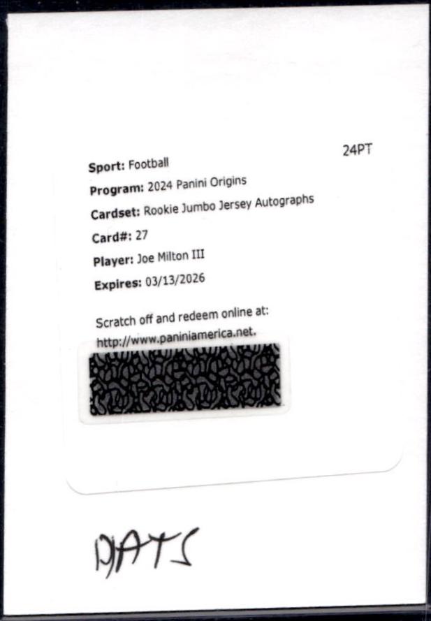 Joe Milton III #RJA-JMI Football Cards 2024 Panini Origins Rookie Jumbo Jersey Autograph