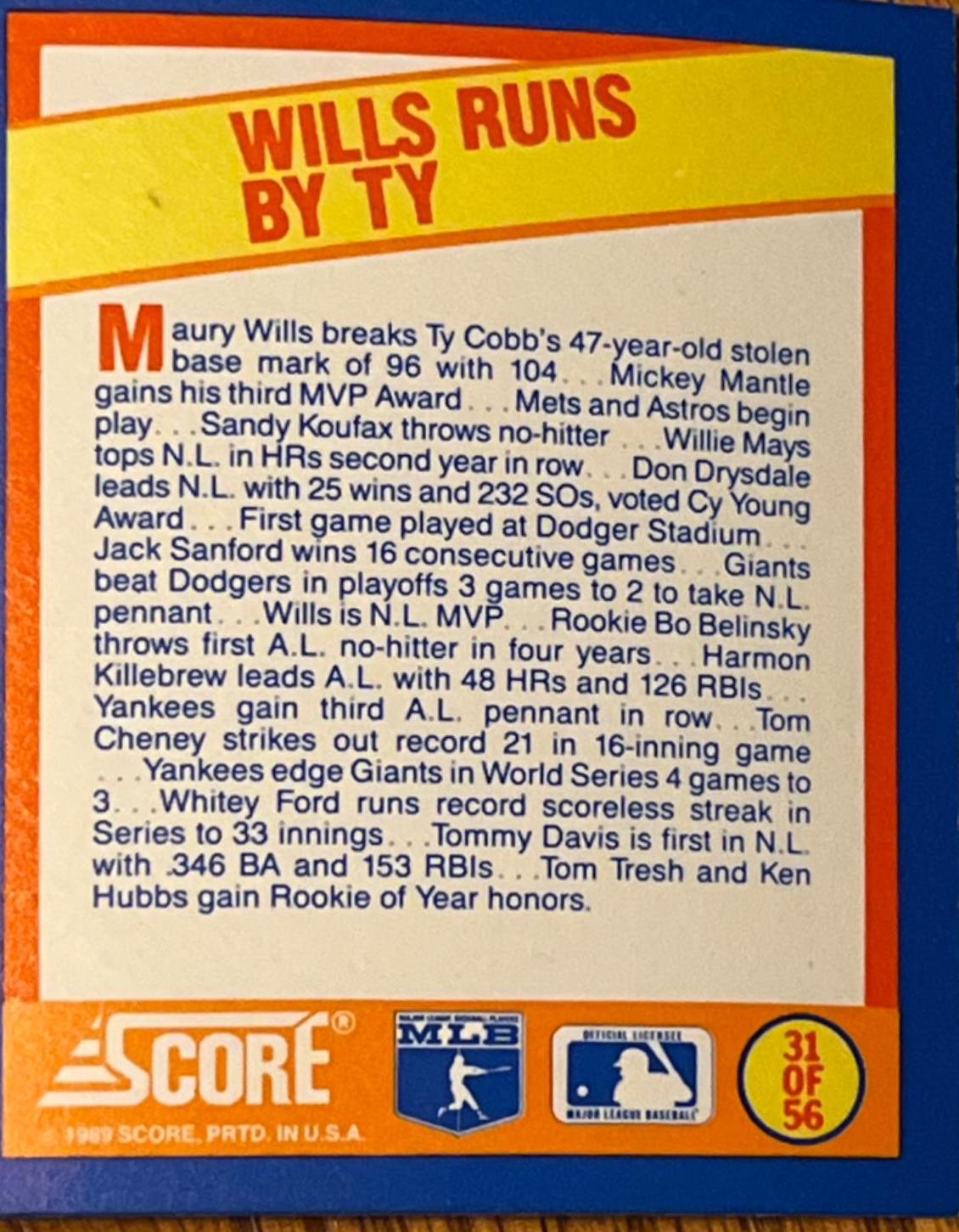 Wills Runs By Ty #31 Baseball Cards 1989 Score Magic Motion Trivia A Year to Remember