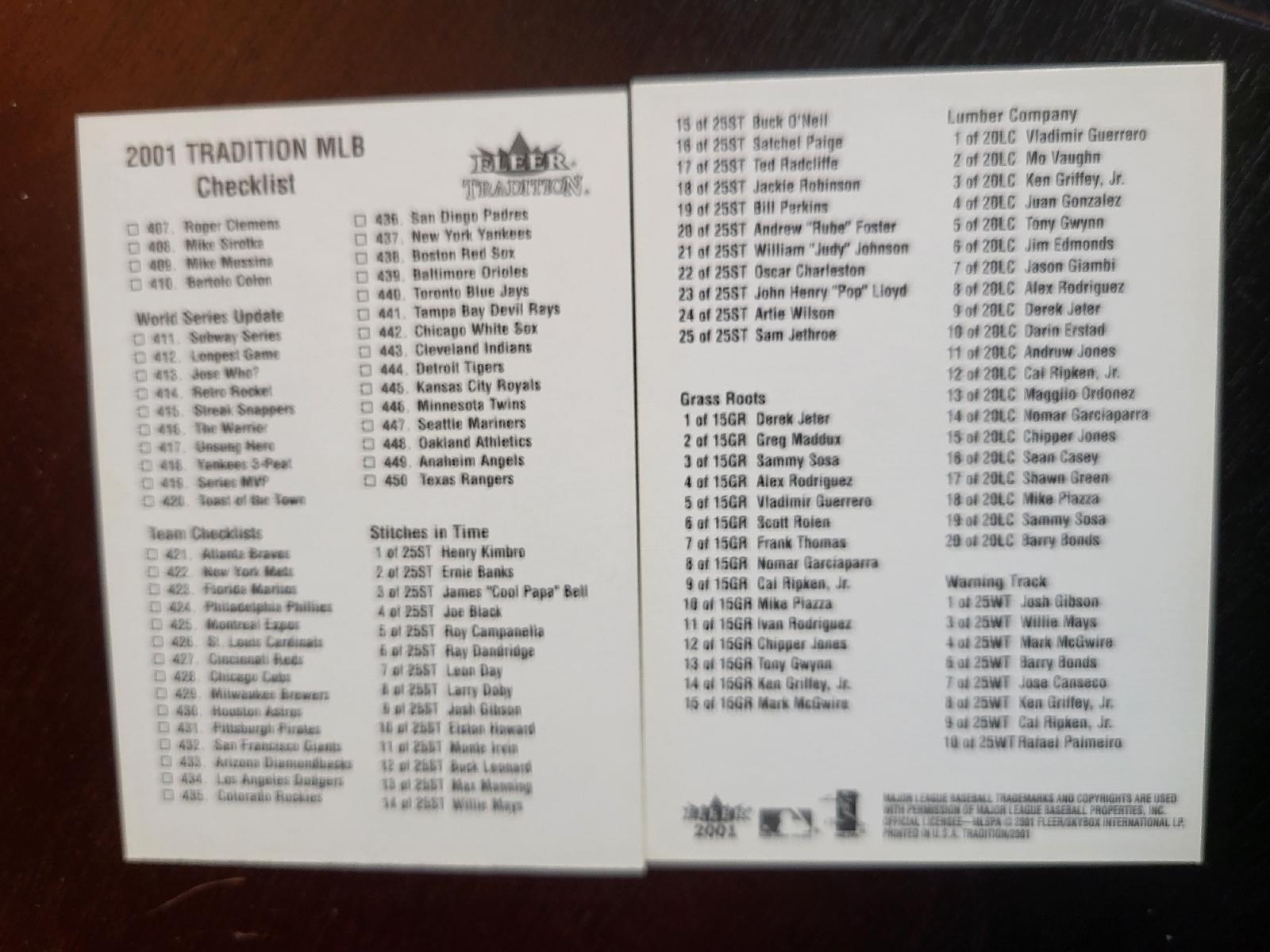Checklist Baseball Cards 2001 Fleer Tradition