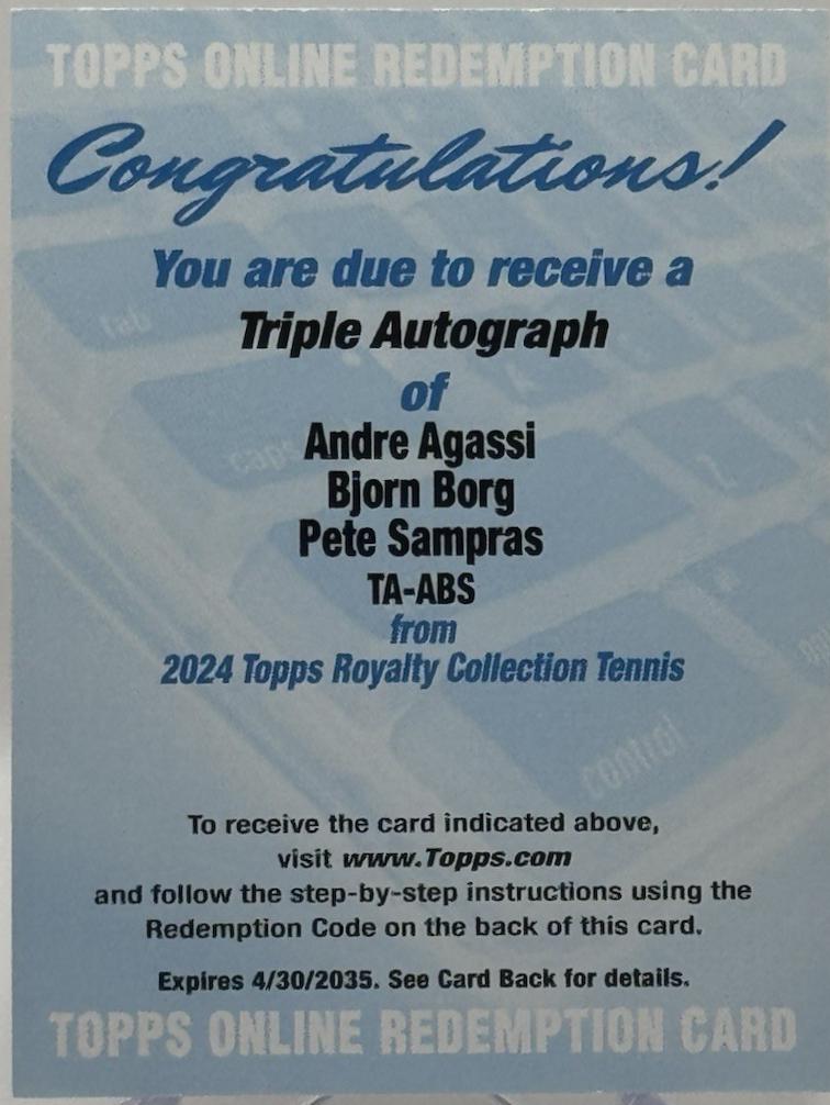 Bjorn Borg / Pete Sampras / Andre Agassi #TA-ABS Tennis Cards 2024 Topps Royalty Triple Autograph