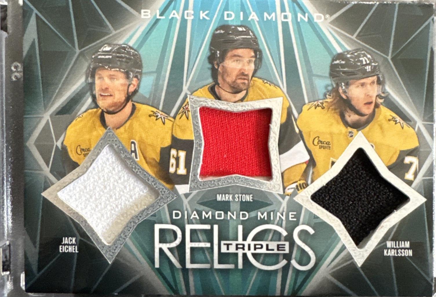 Jack Eichel / Mark Stone / William Karlsson #DMTR-SKE Hockey Cards 2024 Upper Deck Black Diamond Mine Triple Relic