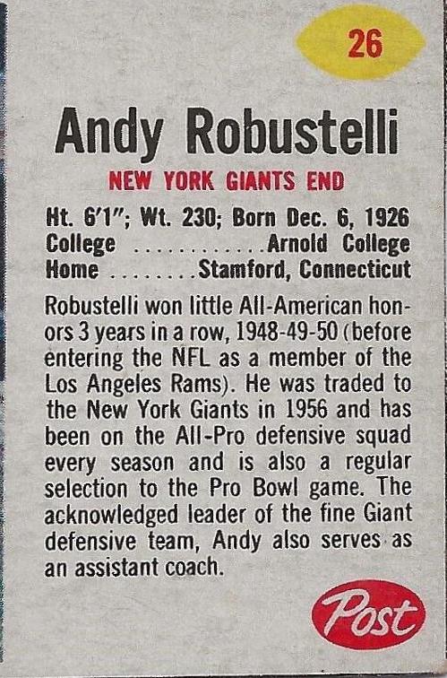 Andy Robustelli #26 Football Cards 1962 Post Cereal
