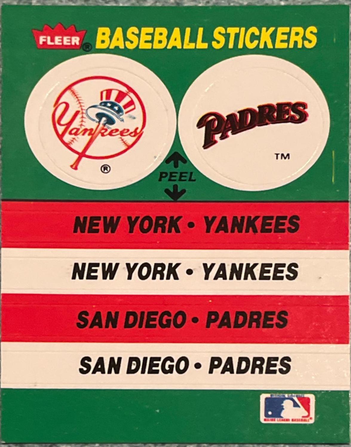 New York Yankees - San Diego Padres Team Sticker Baseball Cards 1988 Fleer Team Stickers