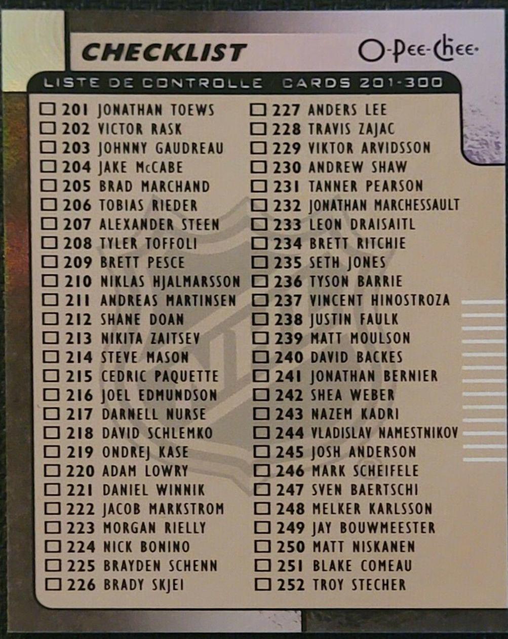 Checklist #300 Hockey Cards 2017 O Pee Chee