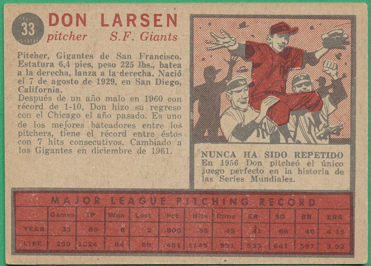 Don Larsen #33 Baseball Cards 1962 Venezuela Topps