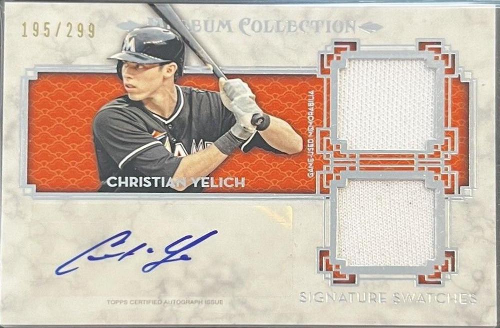 Christian Yelich #SSD-CY Baseball Cards 2014 Topps Museum Collection Signature Swatches Dual Relic