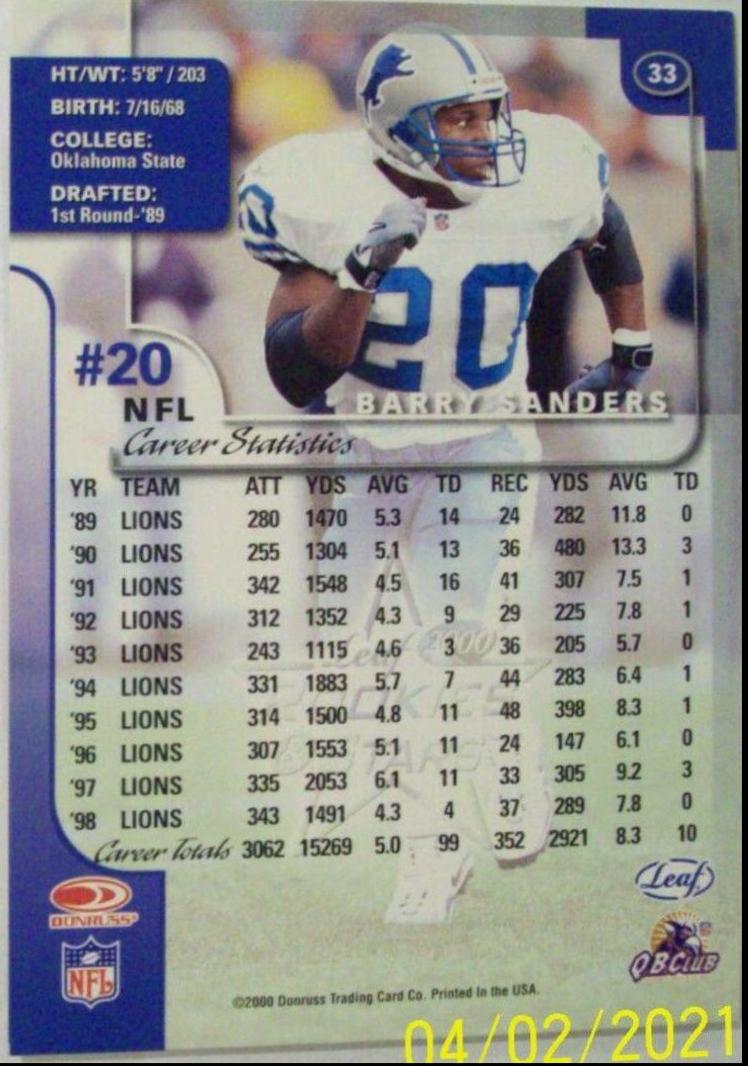Barry Sanders #33 Football Cards 2000 Leaf Rookies & Stars