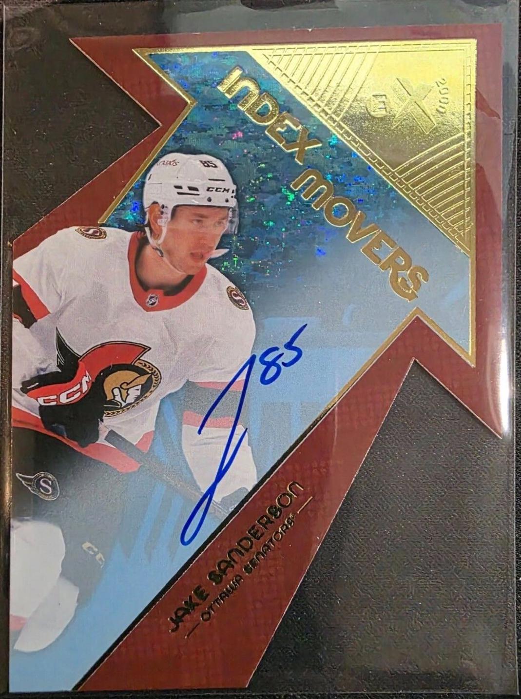 Jake Sanderson #IM-18 Hockey Cards 2023 SkyBox E-X 2000 Index Movers Speckle Autograph