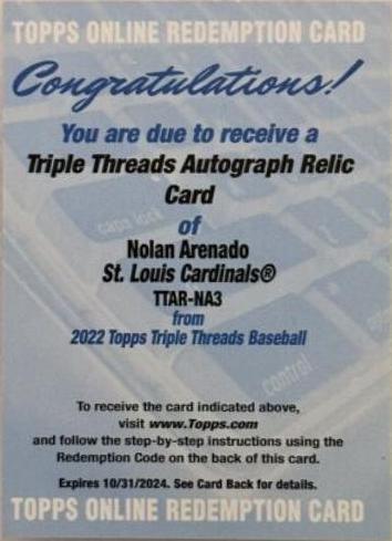 Nolan Arenado #TTAR-NA3 2022 Topps Triple Threads Baseball Autograph Relics