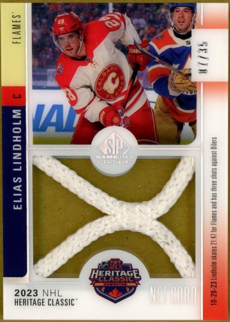 Elias Lindholm #HCN-EL Hockey Cards 2024 SP Game Used Heritage Classic Net Cord Relic
