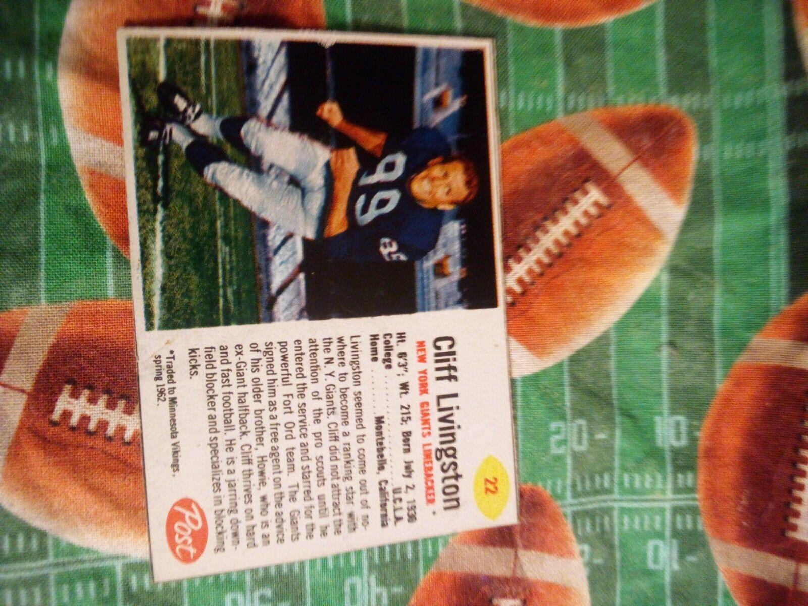 Cliff Livingston #22 Football Cards 1962 Post Cereal