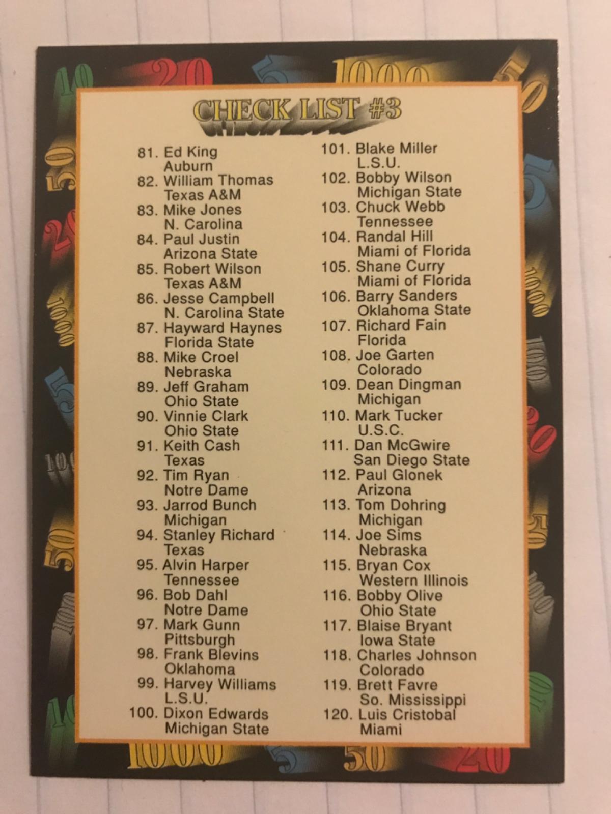 Checklist #3 #159 Football Cards 1991 Wild Card College Draft Picks