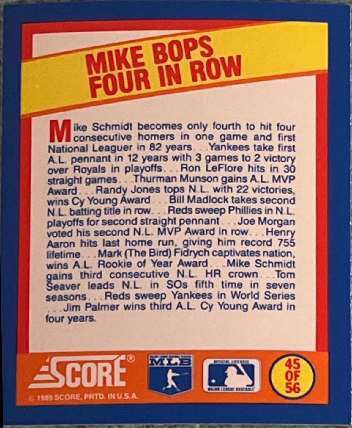Mike Bops Four In Row #45 Baseball Cards 1989 Score Magic Motion Trivia A Year to Remember