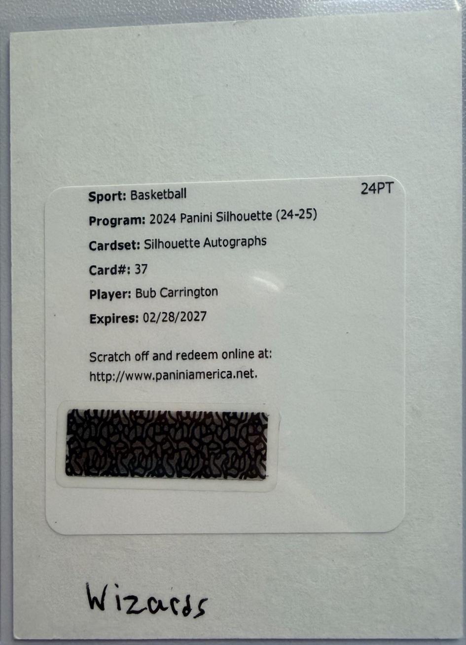 Bub Carrington #37 2024 Panini Silhouette Autograph Basketball