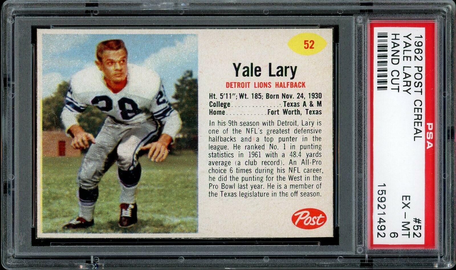Yale Lary #52 1962 Post Cereal Football