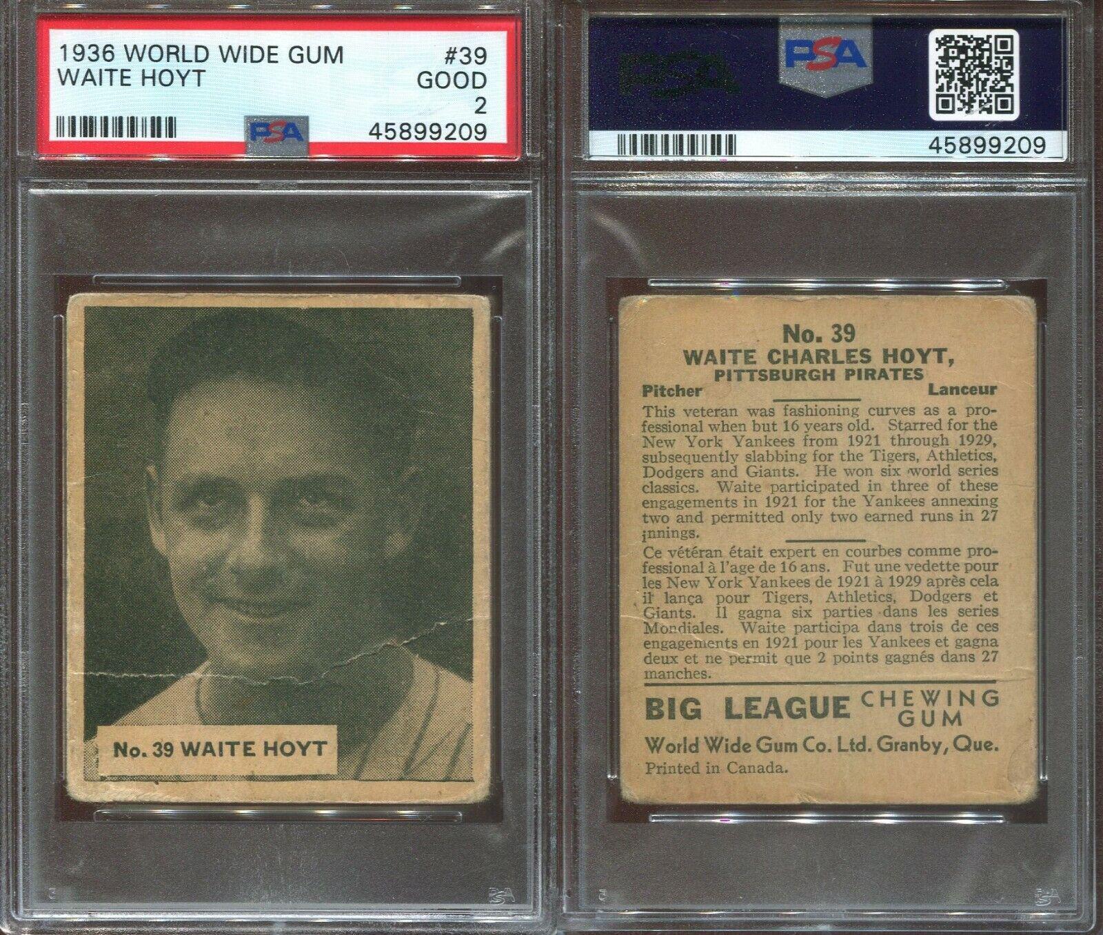 Waite Hoyt #39 Baseball Cards 1936 World Wide Gum