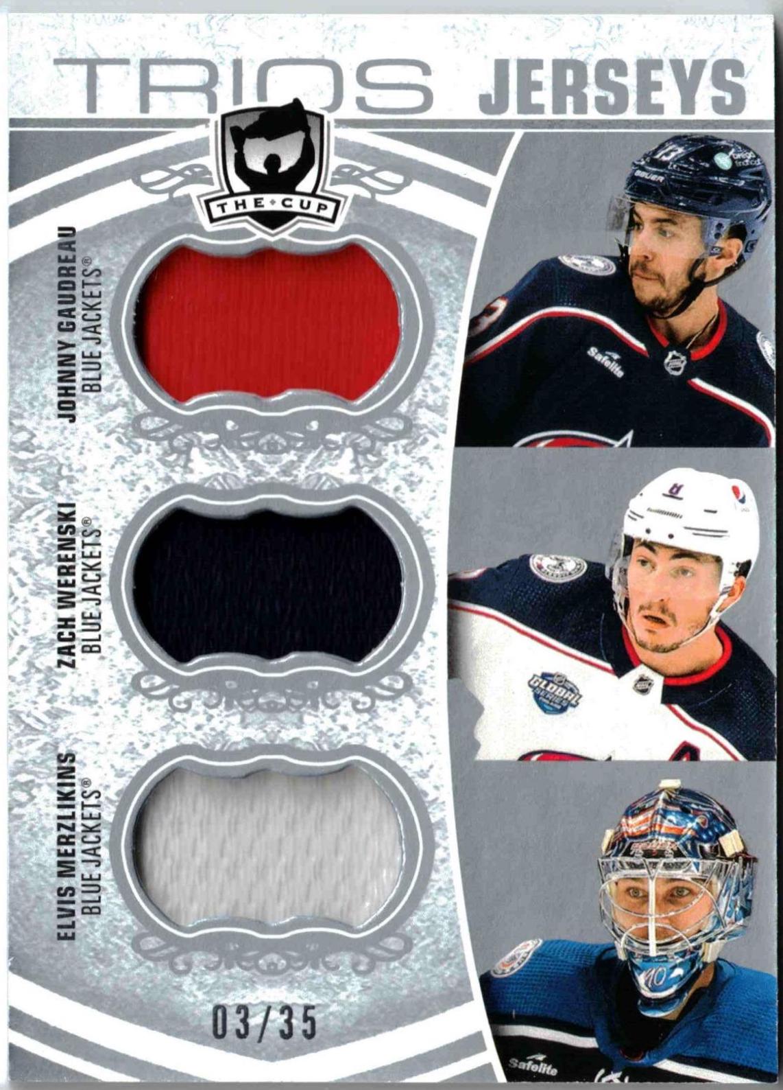 Johnny Gaudreau/Zach Wierenski/Elvis Merzlikins #C3-GWM Hockey Cards 2022 Upper Deck The Cup Trios Jersey