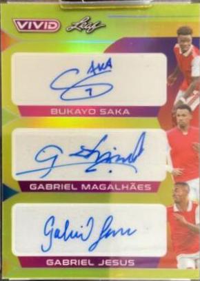 Bukayo Saka , Gabriel Magalhaes , Gabriel Jesus #TA-22 Soccer Cards 2022 Leaf Vivid Triple Autographs