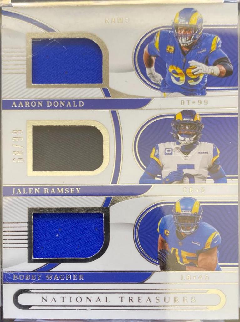 Aaron Donald, Jalen Ramsey, Bobby Wagner #GTM-LAR Football Cards 2022 Panini National Treasures NFL Gear Trio Materials