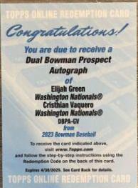 Cristhian Vaquero, Elijah Green #DBPA-GV Baseball Cards 2023 Bowman Dual Prospect Autographs