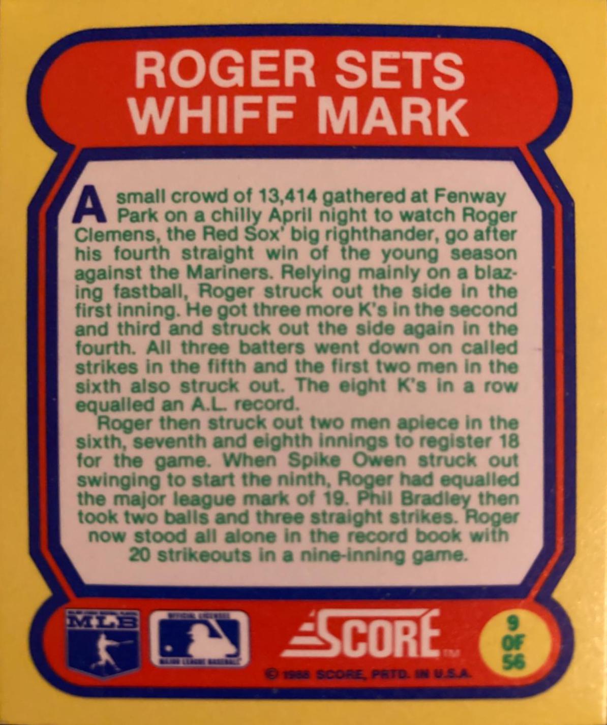 Roger Sets Whiff Mark #9 Baseball Cards 1988 Score Magic Motion Great Moments in Baseball