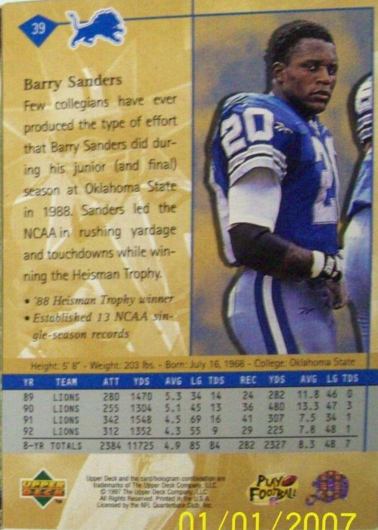 Barry Sanders #39 Football Cards 1997 Upper Deck