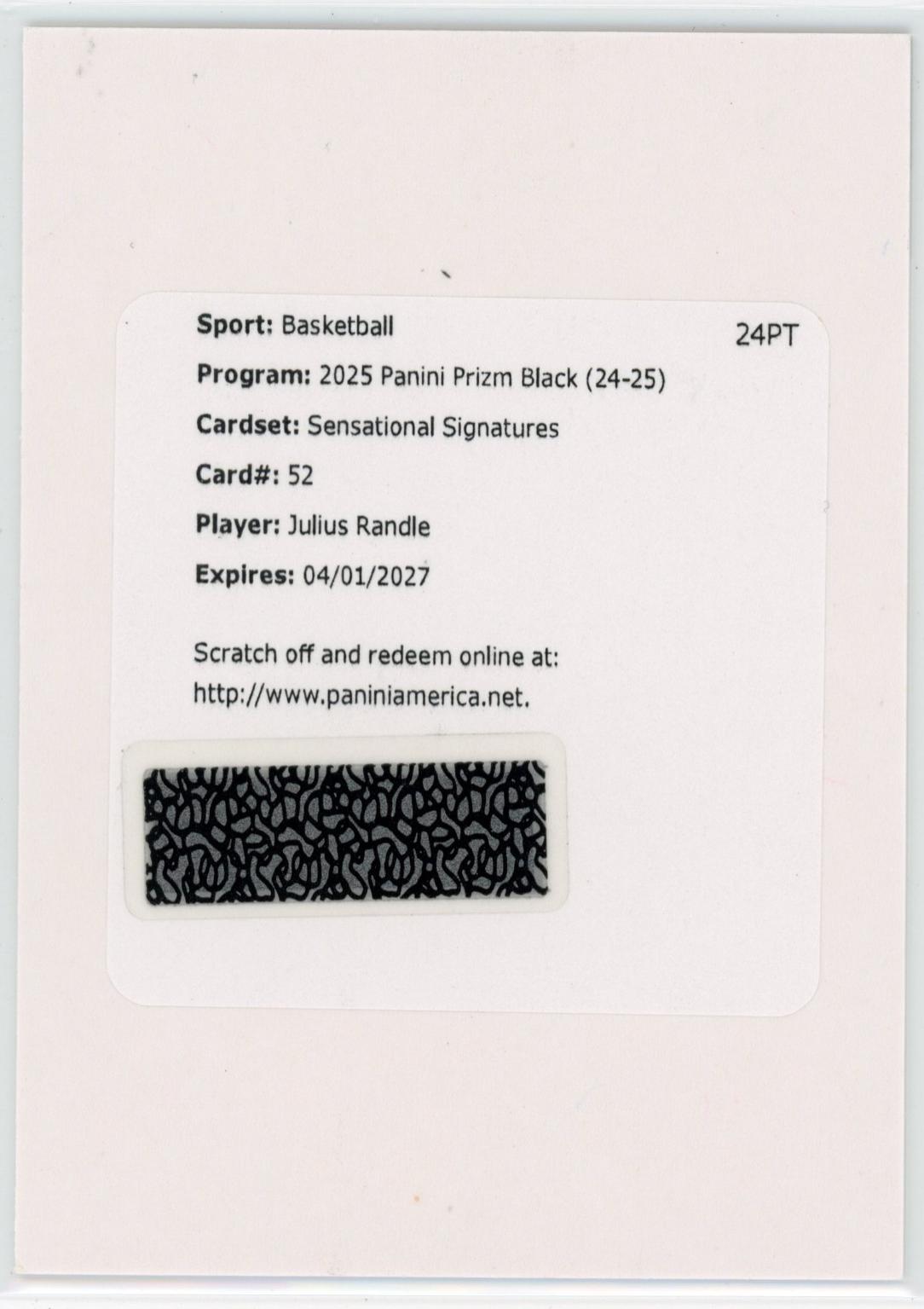 Julius Randle #52 2024 Panini Prizm Black Sensational Signature Basketball