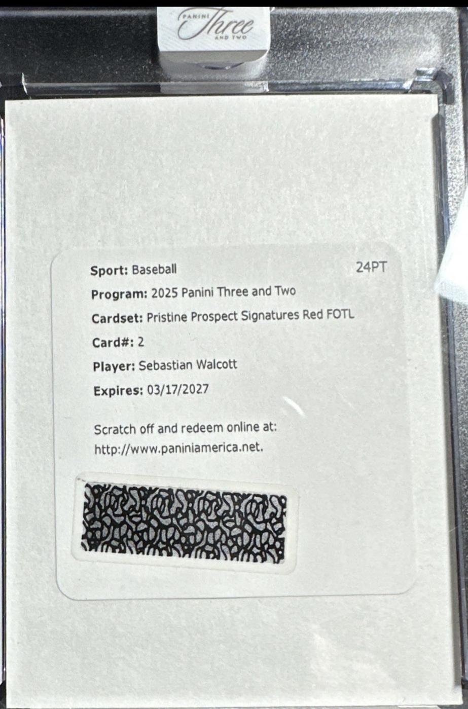 Sebastian Walcott #PPS-SW 2025 Panini Three And Two Pristine Prospect Signatures Baseball