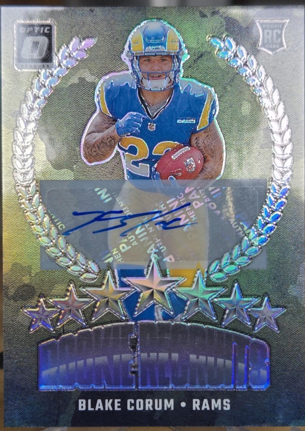 Blake Corum #16 Football Cards 2024 Panini Donruss Optic Rookie Recruits Autograph
