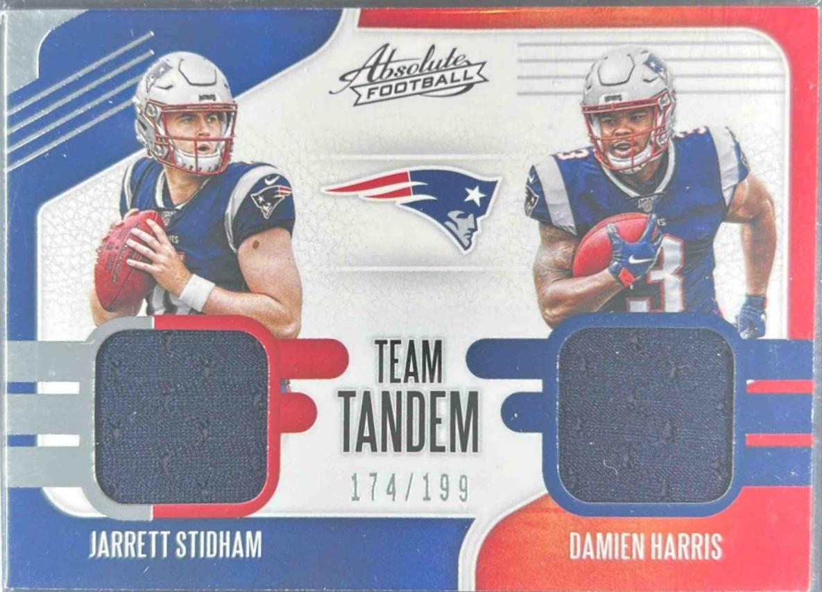 Damien Harris, Jarrett Stidham #TTM-NP2 Football Cards 2019 Panini Absolute Team Tandem Materials