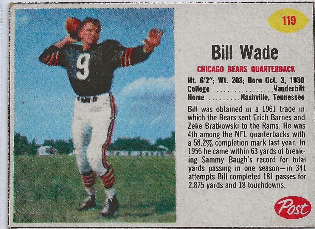 Bill Wade #119 Football Cards 1962 Post Cereal