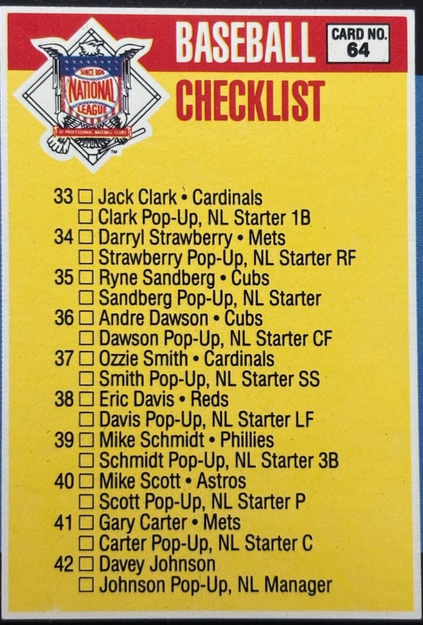 NL Checklist 33-64 #64 1988 Panini Donruss All Stars Baseball