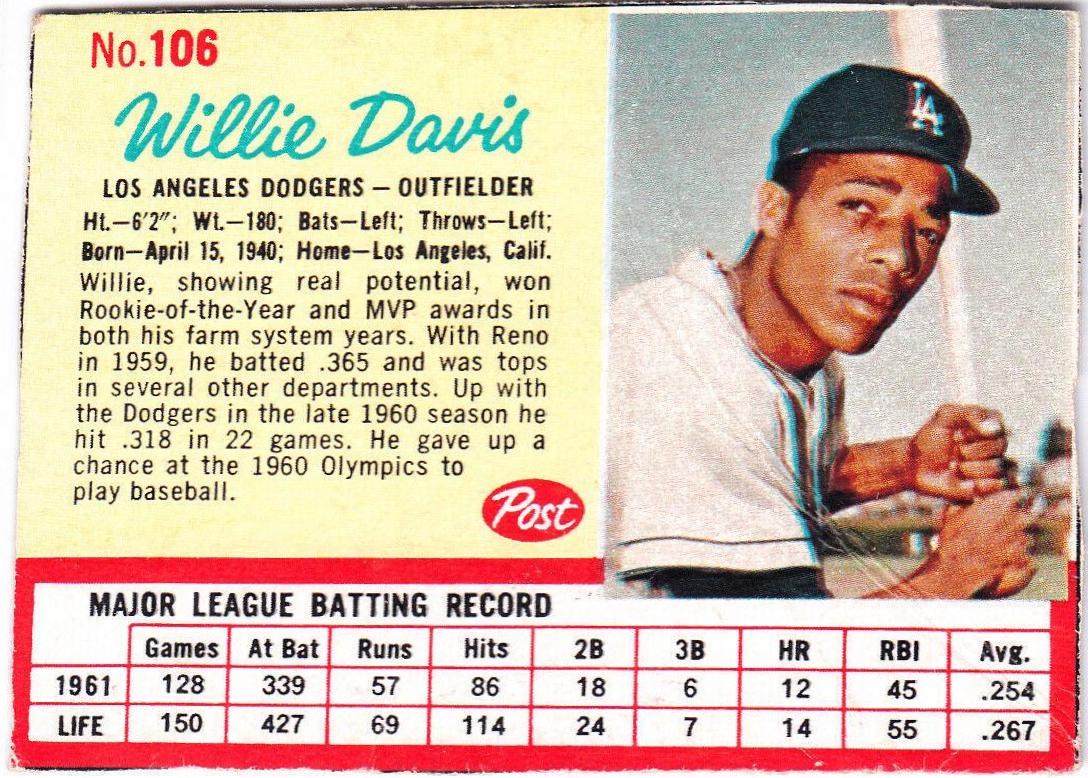Willie Davis #106 1962 Post Cereal Baseball