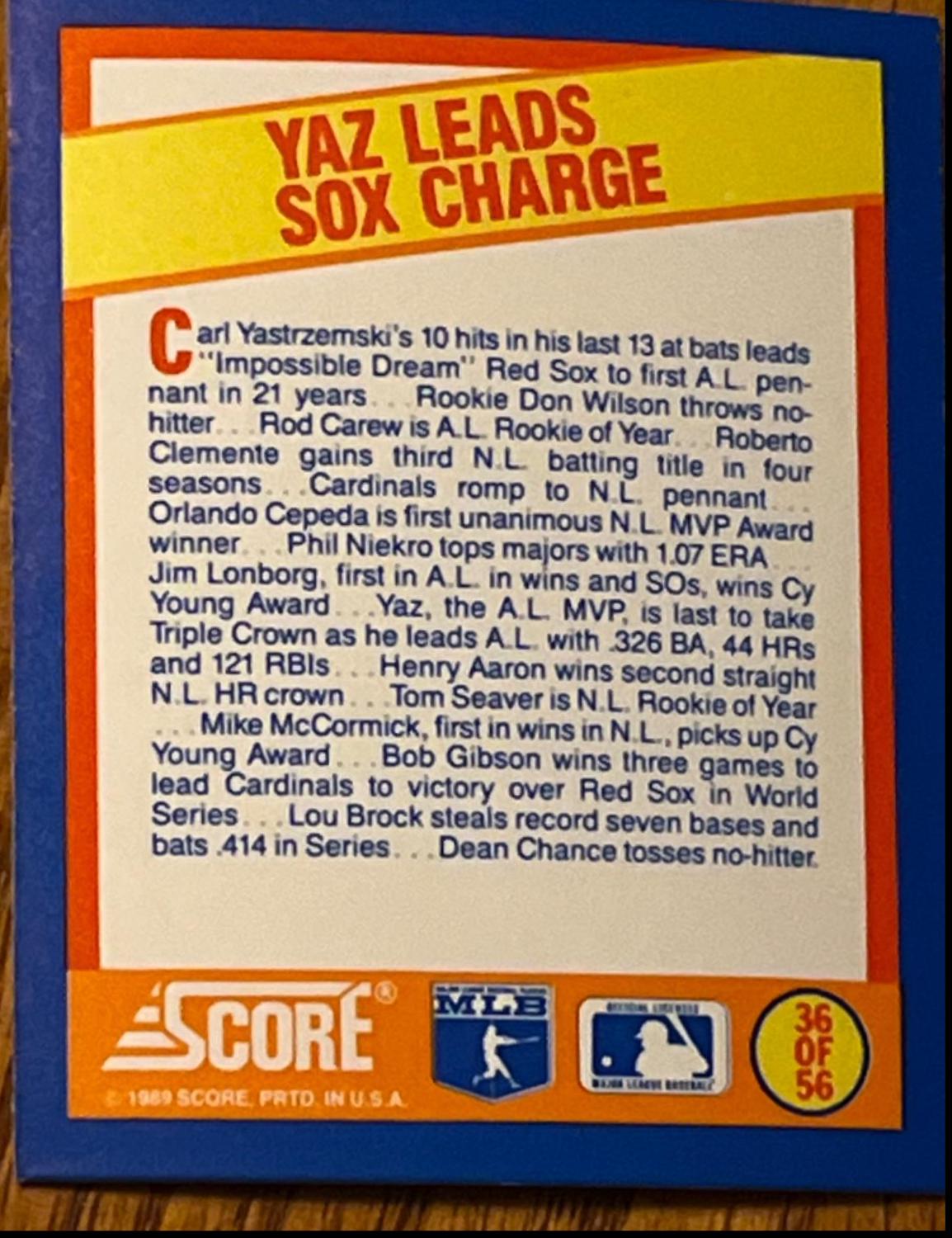 Yaz Leads Sox Charge #36 Baseball Cards 1989 Score Magic Motion Trivia A Year to Remember