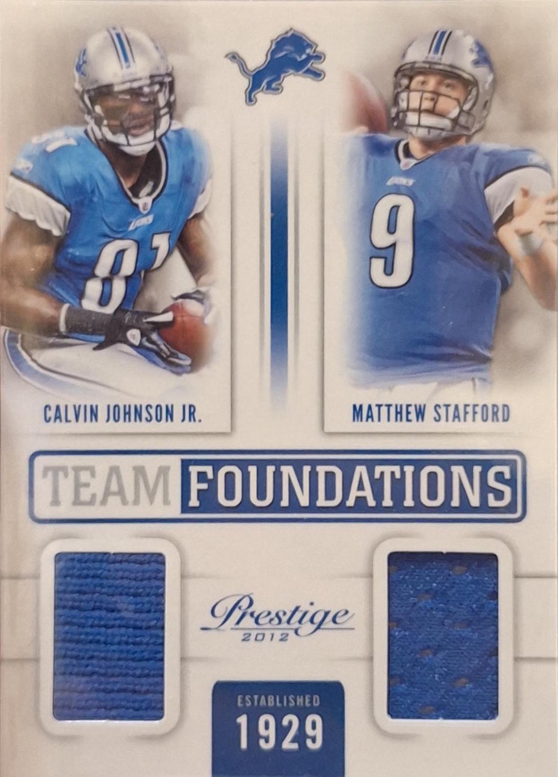 Calvin Johnson Jr./Matthew Stafford #4 Football Cards 2012 Panini Prestige Team Foundations Materials
