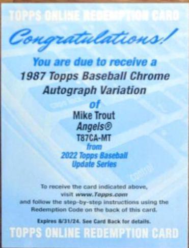 Mike Trout #T87CA-MT Baseball Cards 2022 Topps Update 1987 Chrome Autographs