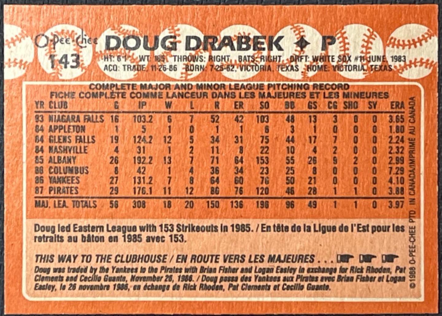 Doug Drabek #143 1988 O-Pee-Chee Baseball