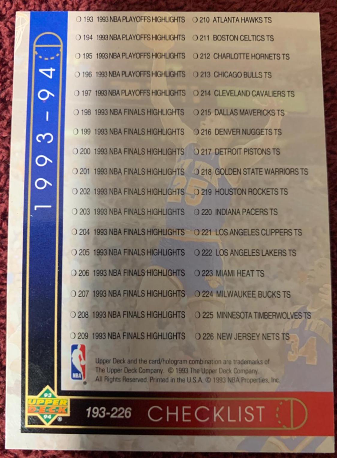 Checklist 193-255 #255 Basketball Cards 1993 Upper Deck