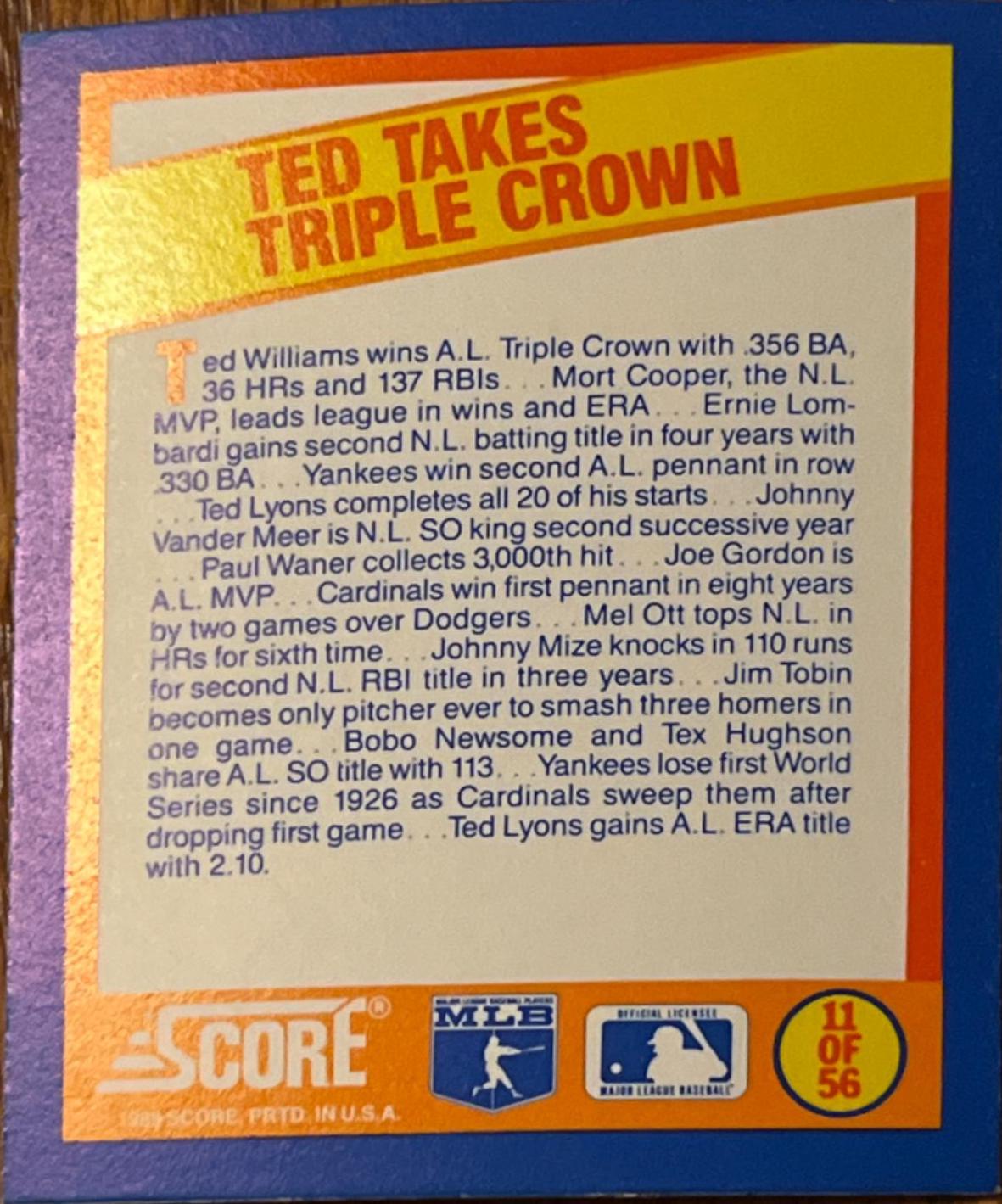 Ted Takes Triple Crown #11 Baseball Cards 1989 Score Magic Motion Trivia A Year to Remember