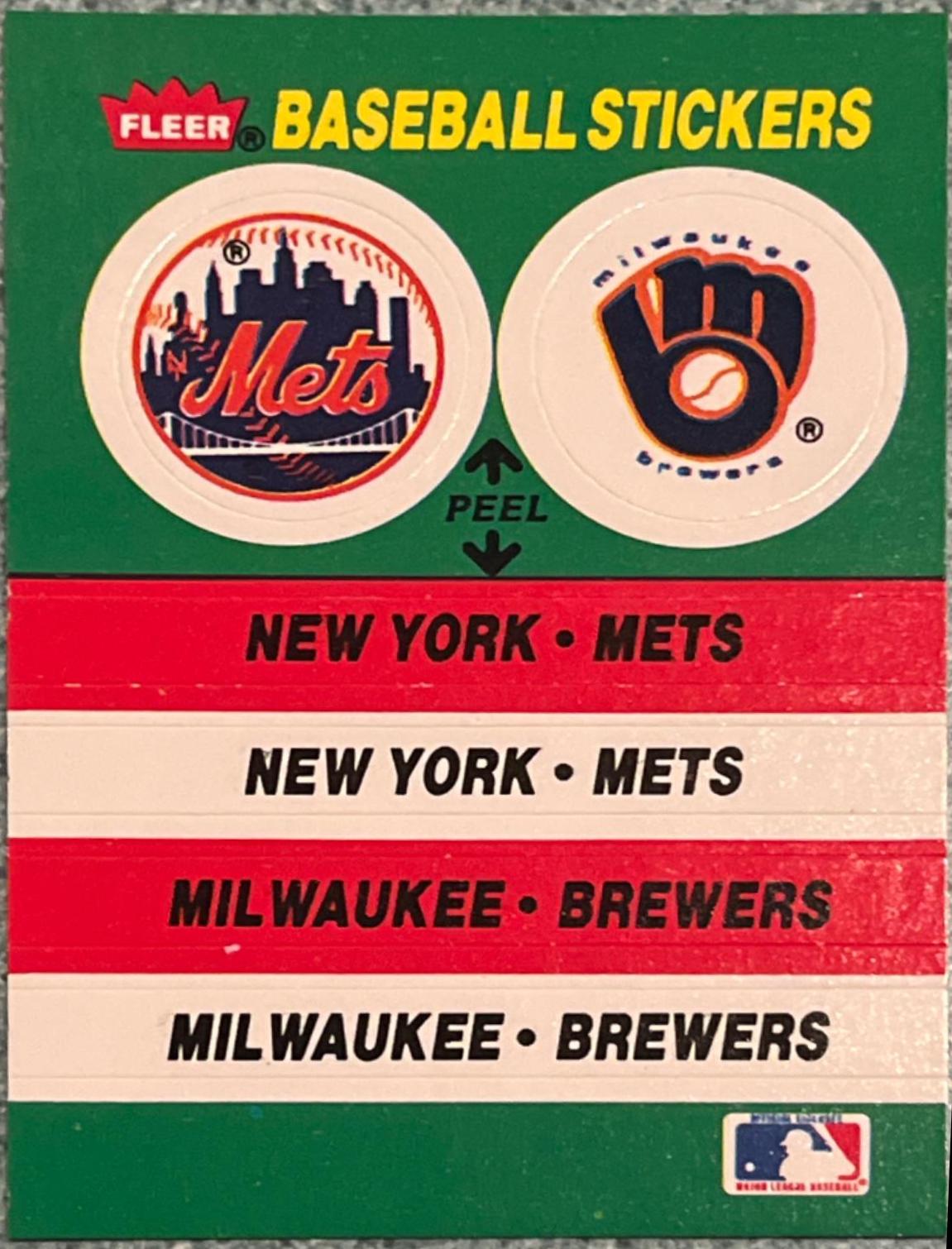 New York Mets - Milwaukee Brewers Team Sticker Baseball Cards 1988 Fleer Team Stickers