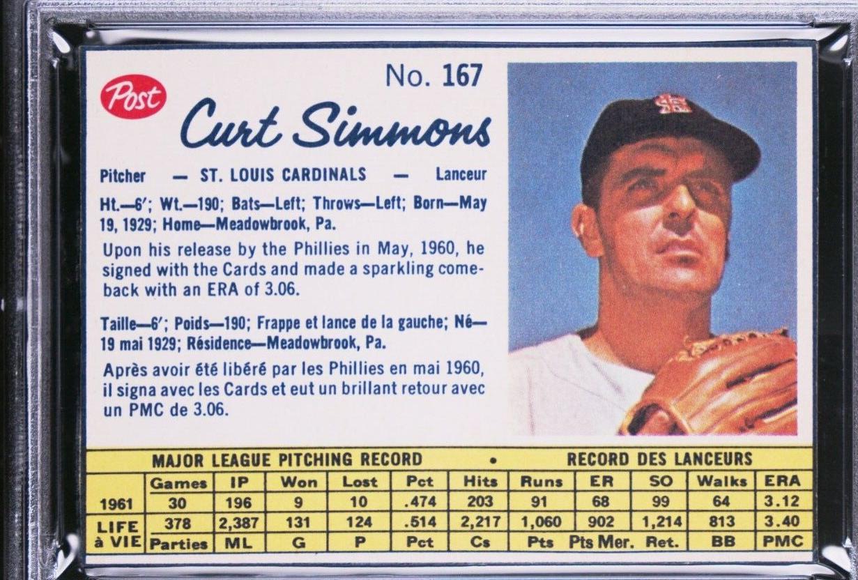 Curt Simmons #167 1962 Post Canadian Baseball
