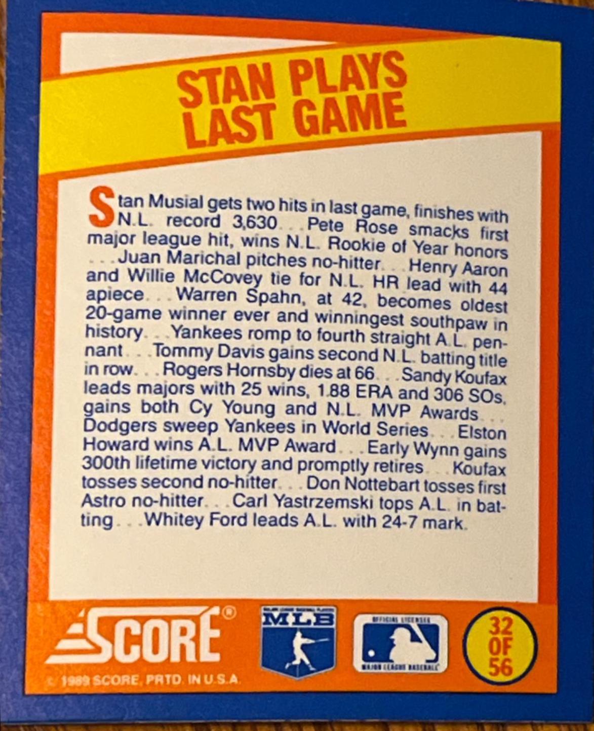 Stan Plays Last Game #32 Baseball Cards 1989 Score Magic Motion Trivia A Year to Remember