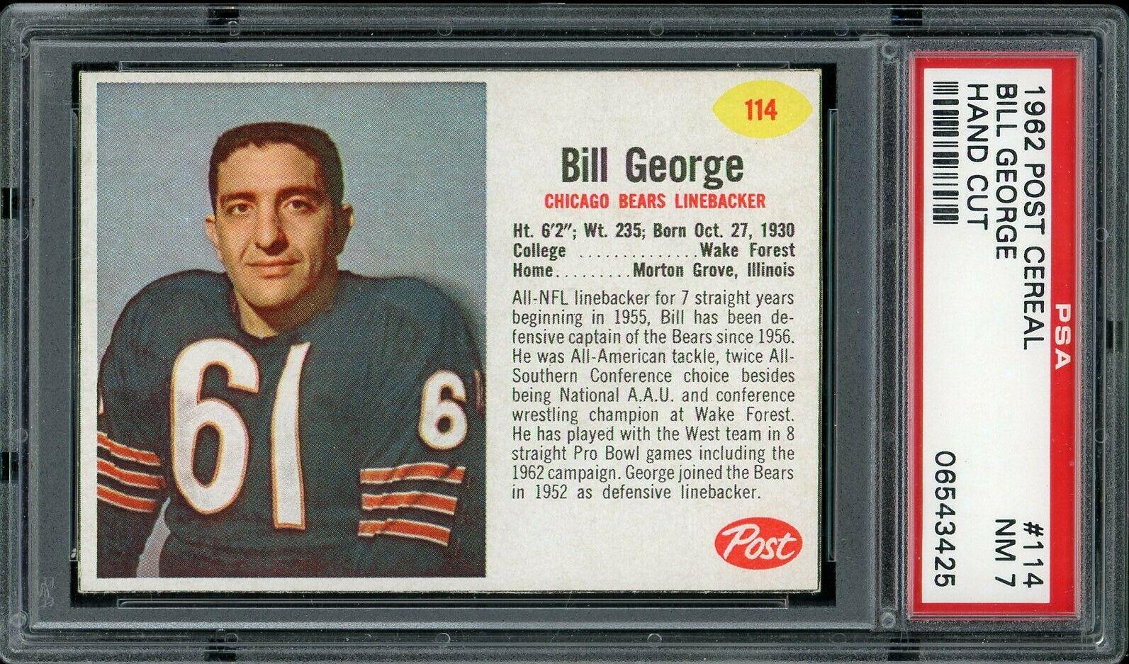 Bill George #114 Football Cards 1962 Post Cereal